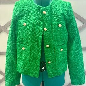 RACHEL ZOE Cropped Tweed Blazer Green Gold Button XS Extra Small Jacket